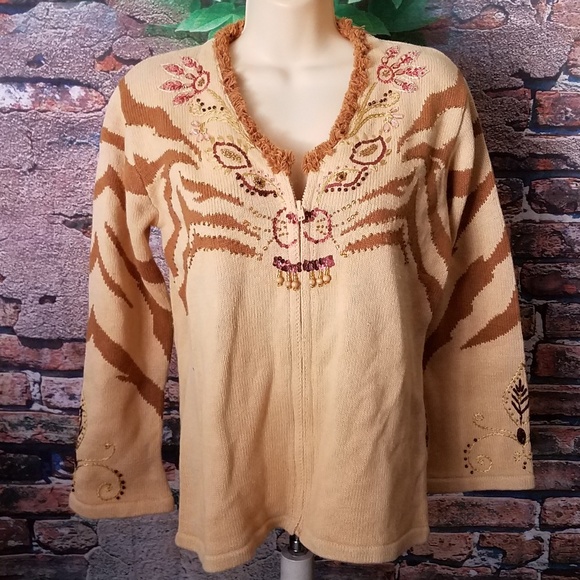 Tan Beaded Embroidered Full Zip Sweater Cardigan - Picture 2 of 6
